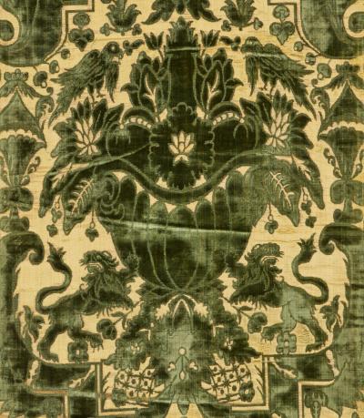A Pair of Rare Genoese Green Cut Velvet Wall Hangings c 1580