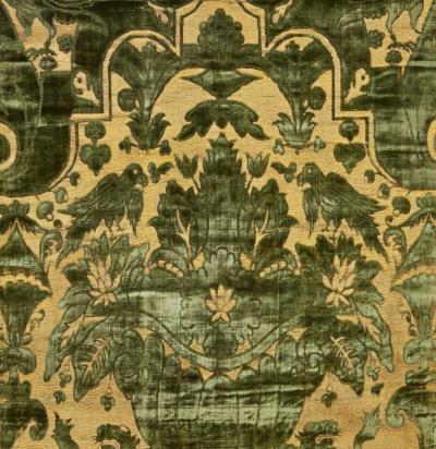 A Pair of Rare Genoese Green Cut Velvet Wall Hangings c 1580