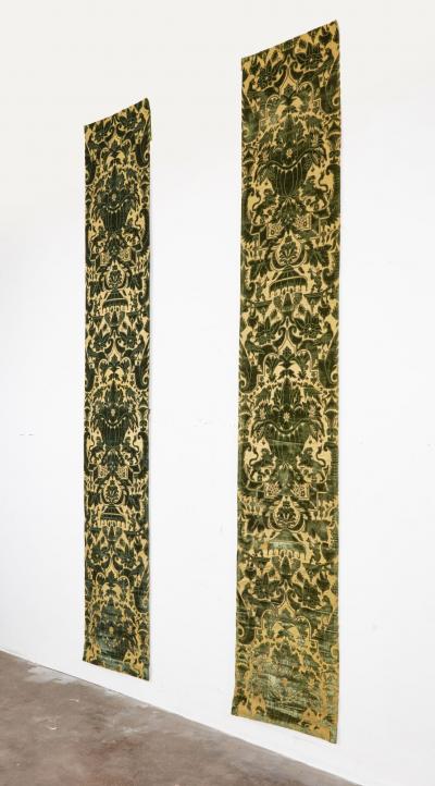 A Pair of Rare Genoese Green Cut Velvet Wall Hangings c 1580