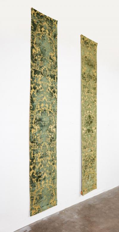 A Pair of Rare Genoese Green Cut Velvet Wall Hangings c 1580