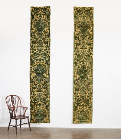 A Pair of Rare Genoese Green Cut Velvet Wall Hangings c 1580
