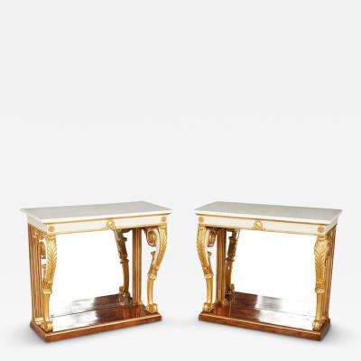 A Pair of Regency Mirrored Back Marble Top Consoles