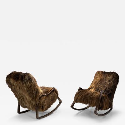 A Pair of Rocking Chairs in Longhair Sheepskin Europe 1960s