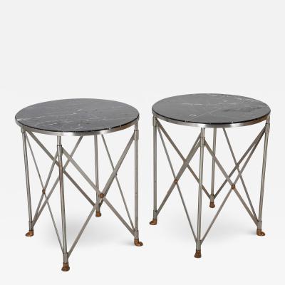 A Pair of Steel Brass X Form Marble Top Gueridons