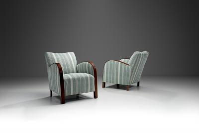 A Pair of Striped Art Deco Armchairs with Stained Oak Frame Europe ca 1930s