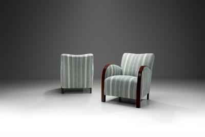 A Pair of Striped Art Deco Armchairs with Stained Oak Frame Europe ca 1930s