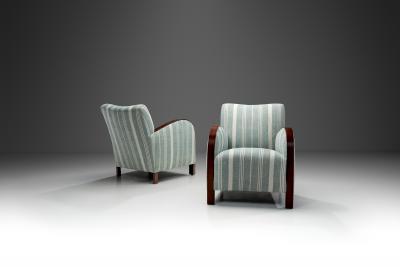 A Pair of Striped Art Deco Armchairs with Stained Oak Frame Europe ca 1930s