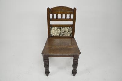 A Pair of Substantial Gothic Revival Oak Hall Chairs with Period Tiles
