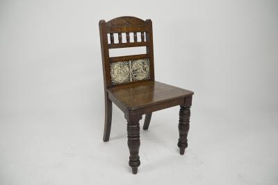 A Pair of Substantial Gothic Revival Oak Hall Chairs with Period Tiles