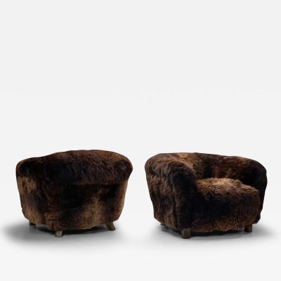 A Pair of Swedish Modern Club Chairs in Longhair Sheepskin Sweden 1930s