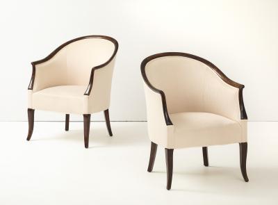 A Pair of Swedish Stained Birch Barrel Back Armchairs Circa 1940s