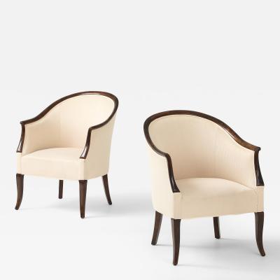 A Pair of Swedish Stained Birch Barrel Back Armchairs Circa 1940s