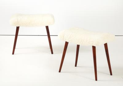 A Pair of Swedish Stained Birch and Sheepskin Stools Ca 1940s