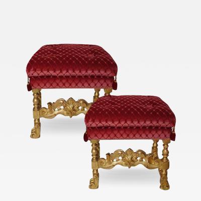 A Pair of Transitional Italian Louis XIV Louis XV Giltwood Tabourets