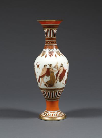 A Pair of White Opaline Glass Polychrome Enamel Vases In The Etruscan Style