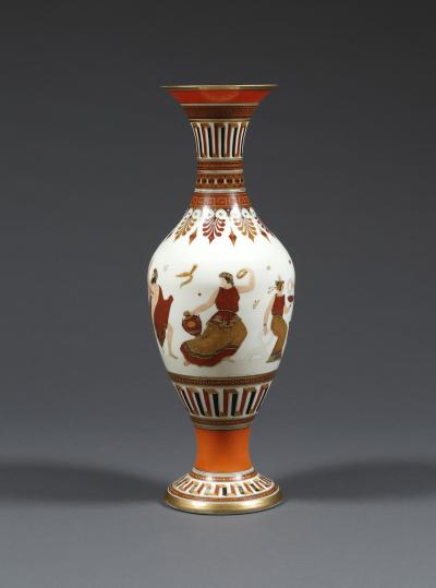 A Pair of White Opaline Glass Polychrome Enamel Vases In The Etruscan Style