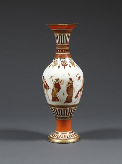 A Pair of White Opaline Glass Polychrome Enamel Vases In The Etruscan Style