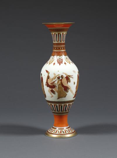A Pair of White Opaline Glass Polychrome Enamel Vases In The Etruscan Style