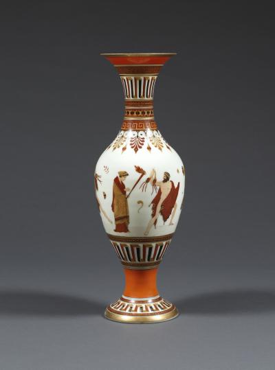 A Pair of White Opaline Glass Polychrome Enamel Vases In The Etruscan Style