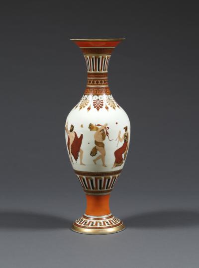 A Pair of White Opaline Glass Polychrome Enamel Vases In The Etruscan Style