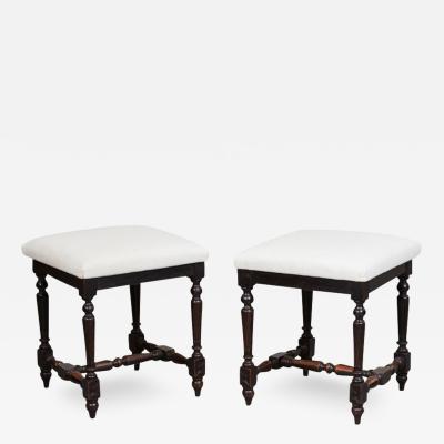 A Pair of White Upholstered Trapezium Chair Stools
