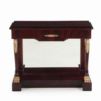 A Pair of custom Empire style crotch mahogany console tables 