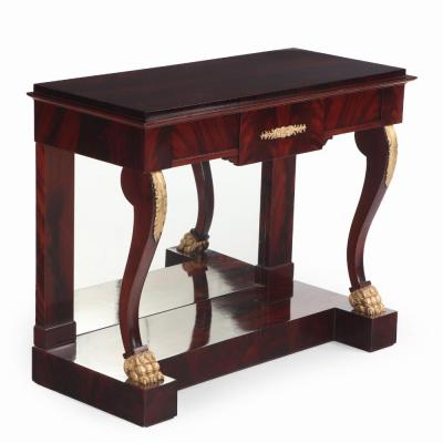 A Pair of custom Empire style crotch mahogany console tables 