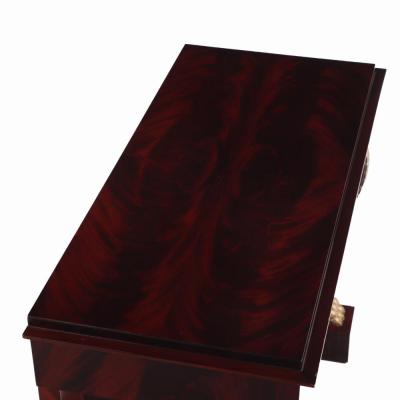 A Pair of custom Empire style crotch mahogany console tables 