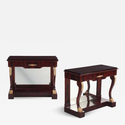 A Pair of custom Empire style crotch mahogany console tables 