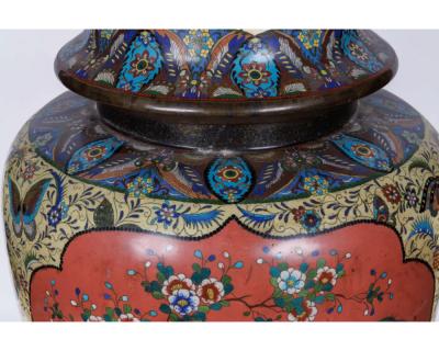 A Palatial Meiji Cloisonn Pink Yellow Enamel Covered Jar with Butterflies