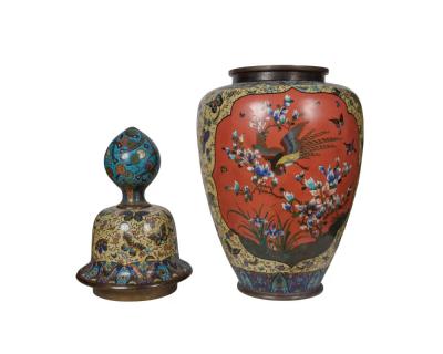 A Palatial Meiji Cloisonn Pink Yellow Enamel Covered Jar with Butterflies