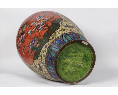 A Palatial Meiji Cloisonn Pink Yellow Enamel Covered Jar with Butterflies