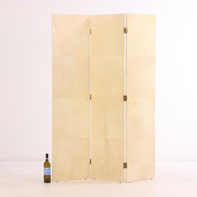 A Parchment Covered Three Panel Folding Screen Contemporary