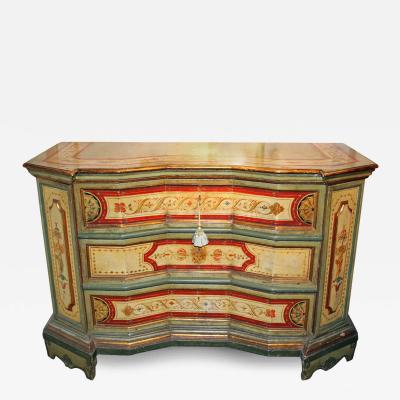 A Pristine 18th Century Venetian Polychrome Concave Block Front Commode Credenza