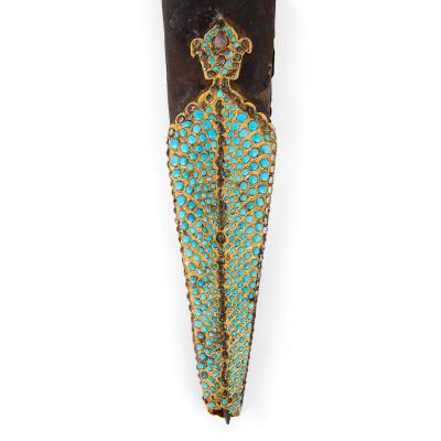 A Qajar Turquoise and Gem Set Gold Kinjal and Scabbard
