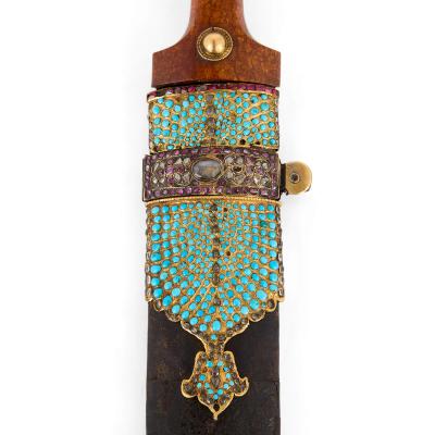 A Qajar Turquoise and Gem Set Gold Kinjal and Scabbard
