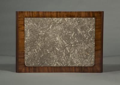 A REGENCY DROP LEAF CENTER TABLE WITH INSET DERBYSHIRE FOSSIL MARBLE TOP