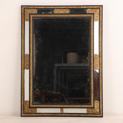 A Rare Large French Ebonized Wood and Brass Repousse Mirror 19th C 