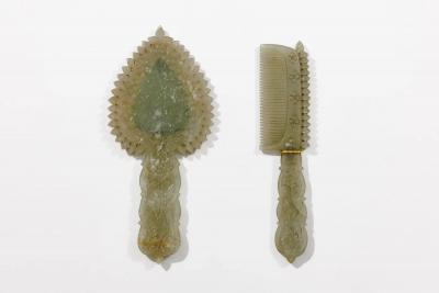 A Rare Mughal Style Gem Set Jade Hand Mirror and Comb India Late 19th Century