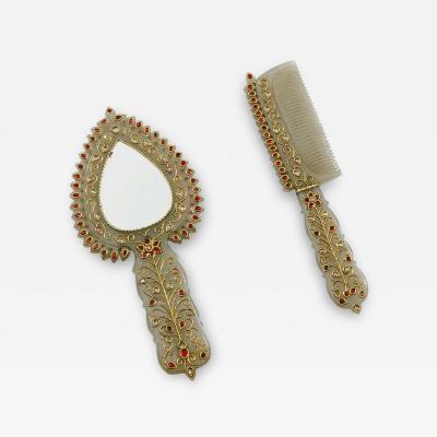 A Rare Mughal Style Gem Set Jade Hand Mirror and Comb India Late 19th Century
