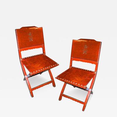 A Rare Pair of 19th Century Chinese Red Pigskin Folding Chairs