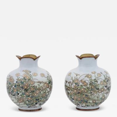 A Rare Pair of Meiji Japanese Cloisonne Silver Wire Vases with Dandelions