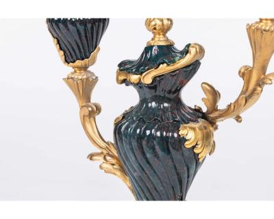 A Rare and Exquisite Pair of Ormolu Mounted Bloodstone Two Light Candlesticks