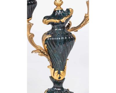 A Rare and Exquisite Pair of Ormolu Mounted Bloodstone Two Light Candlesticks