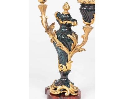 A Rare and Exquisite Pair of Ormolu Mounted Bloodstone Two Light Candlesticks