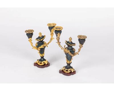 A Rare and Exquisite Pair of Ormolu Mounted Bloodstone Two Light Candlesticks