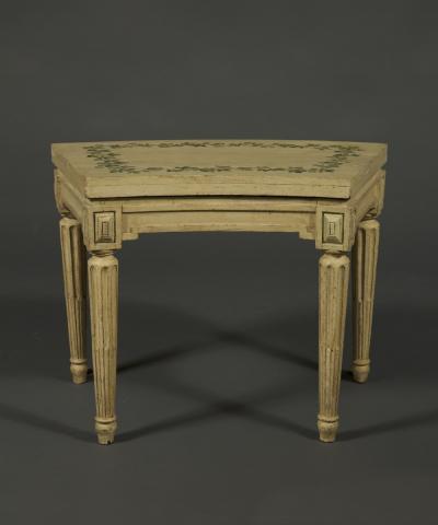 A SET OF FOUR LOUIS XVI PAINTED CHAISES DE JARDIN OF UNUSUAL CURVED FORM