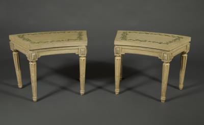 A SET OF FOUR LOUIS XVI PAINTED CHAISES DE JARDIN OF UNUSUAL CURVED FORM