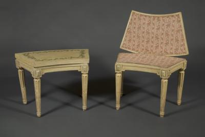 A SET OF FOUR LOUIS XVI PAINTED CHAISES DE JARDIN OF UNUSUAL CURVED FORM