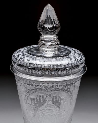A SILESIAN ENGRAVED SCREW TOP GOBLET COVER OF MARIA THERESA OF BOHEMIA